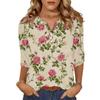 Women's Fashionable Casual Retro Floral Print V,Neck Button,Down Three,Quarter Sleeve T,Shirt Top