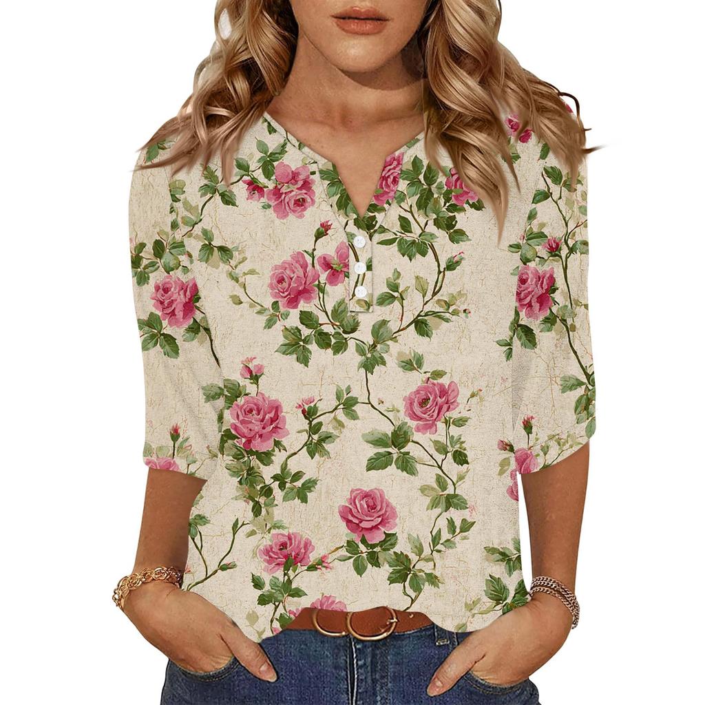 Women's Fashionable Casual Retro Floral Print V,Neck Button,Down Three,Quarter Sleeve T,Shirt Top