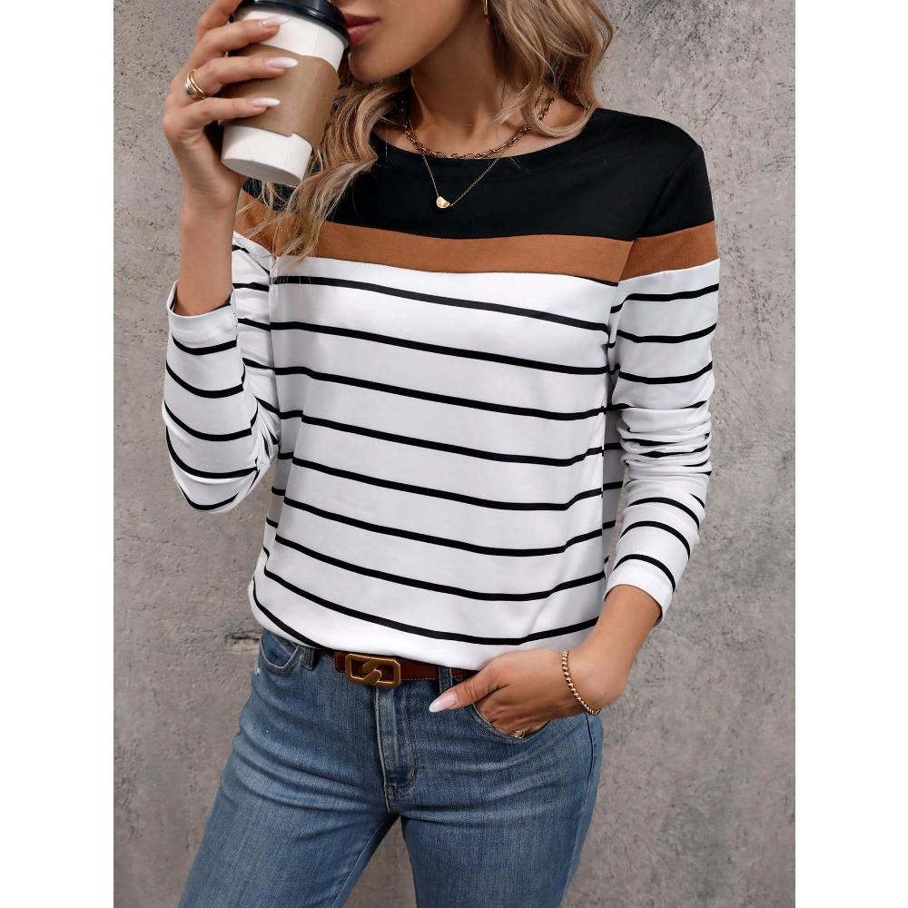 Striped Color-Block 3D Printed Long-Sleeve T-Shirt, Casual Women's Wear, Fashionable, Loose and Comfortable Slim-Fit Top