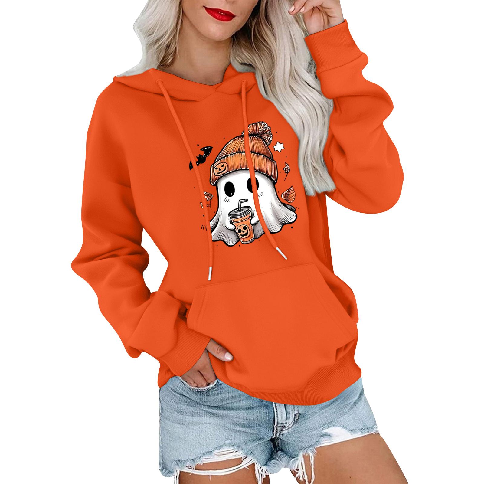 

Женский модный, повседневный, удобный свитер с круглым вырезом, капюшоном, длинными рукавами и принтом на Хэллоуин XXL киноварь