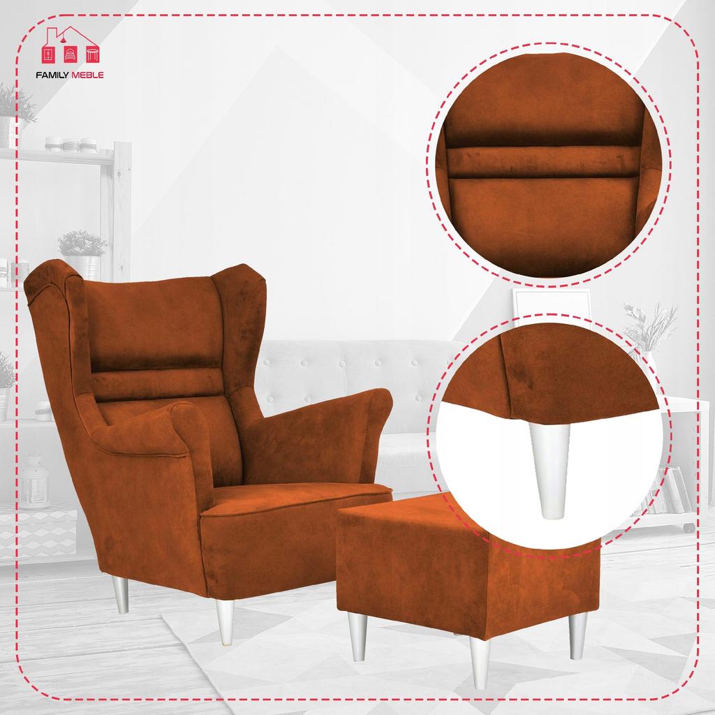 Zoja Wing Chair with Footrest Scandinavian Family Meble Orange Ginger