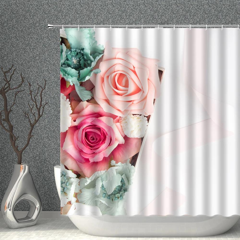

Rose Shower Curtain Set Fresh Flower Bathroom Curtains Waterproof Cloth Pink Red Rose High Quality Bath Screen Decor With Hooks W90XH180cm