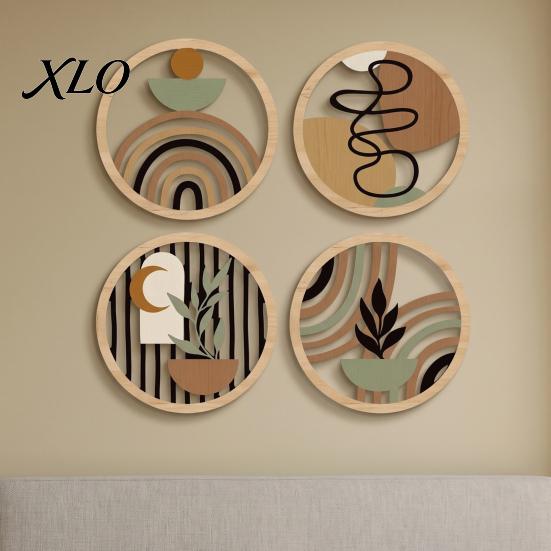 Organic Texture Wall Hangings 4Pcs Boho Wooden Art , 2D Flat Round Hanging Signs, Modern Geometric Decorative Plaques Wood Decor, Bohemian for Living