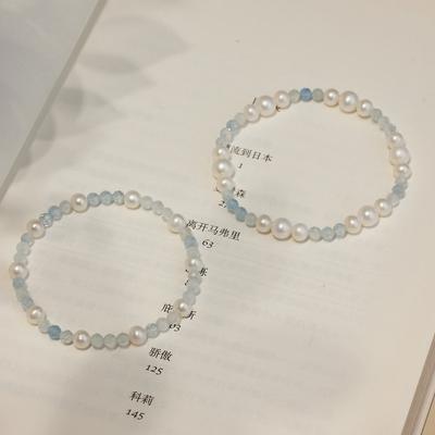 Natural Freshwater Pearl Bracelet, Natural Aquamarine Beaded Elastic String Bracelet, Fresh and Stylish Fashion Jewelry