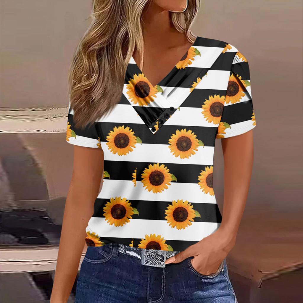 Women's T Shirt Tee Casual V-neck Short-sleeved T-shirt Printed Button Top