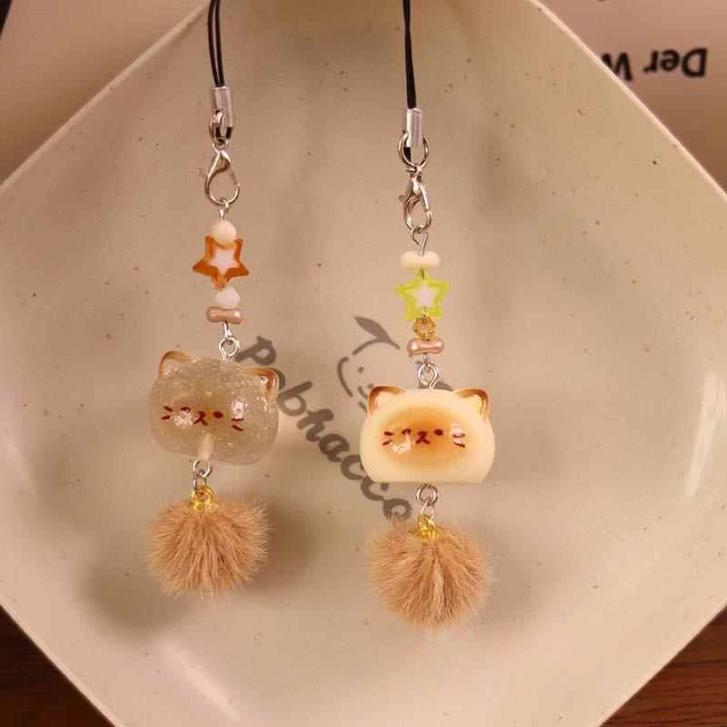 Cute Fluffy Cat Phone Charm with Pompom Tail 3D Kitten Keychain Bag Pendant Creative Cartoon for Girls