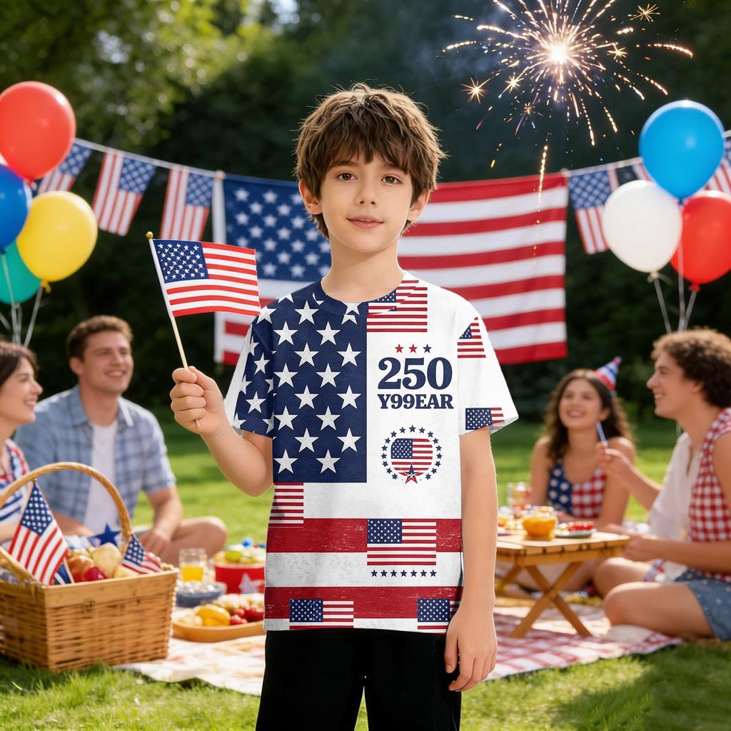Kids Independence Day Print Round Neck Short Sleeve Casual T-shirt