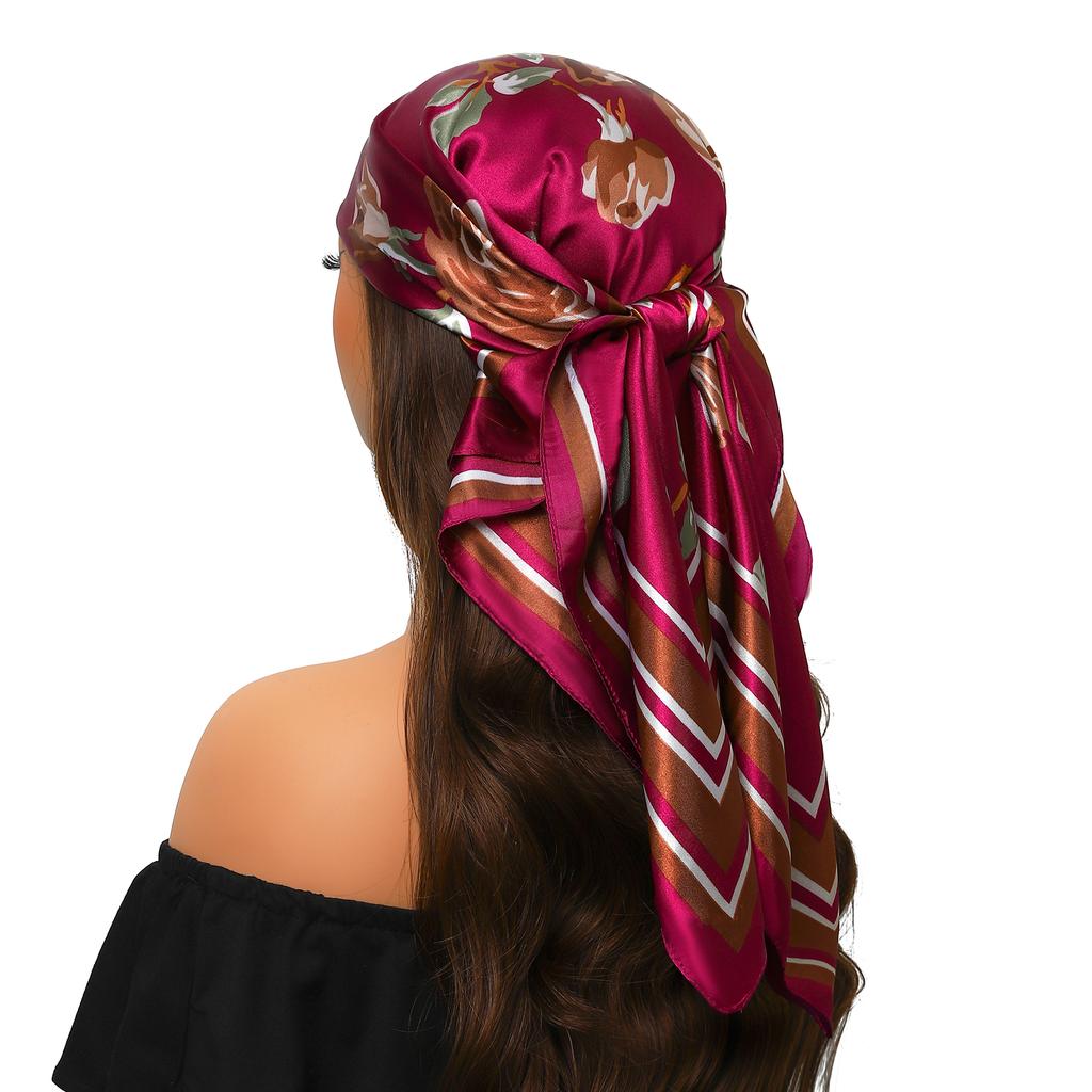 new 90*90cm Vintage Flowers Square Scarf Women Silk Shawl Neckerchief Female Print Headband Head Wraps Foulard Hijab Hair Bands