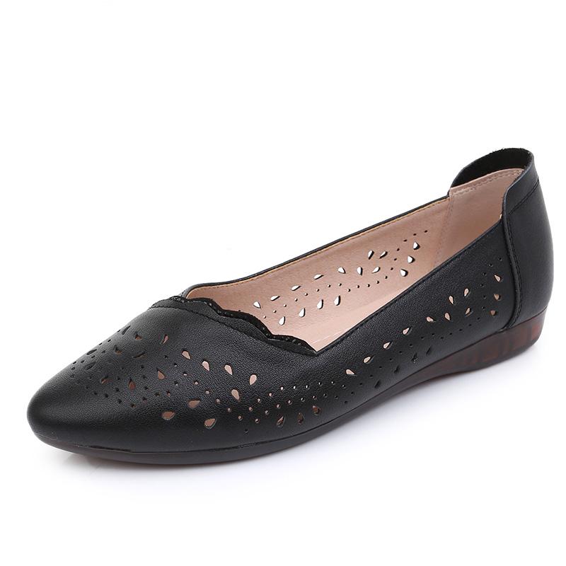 Fashion GKTINOO Breathable Genuine Leather Summer Shoes Woman 2025 Flat Low Heel Mother Hollow Out Leather Slip On Shoes For Women Soft