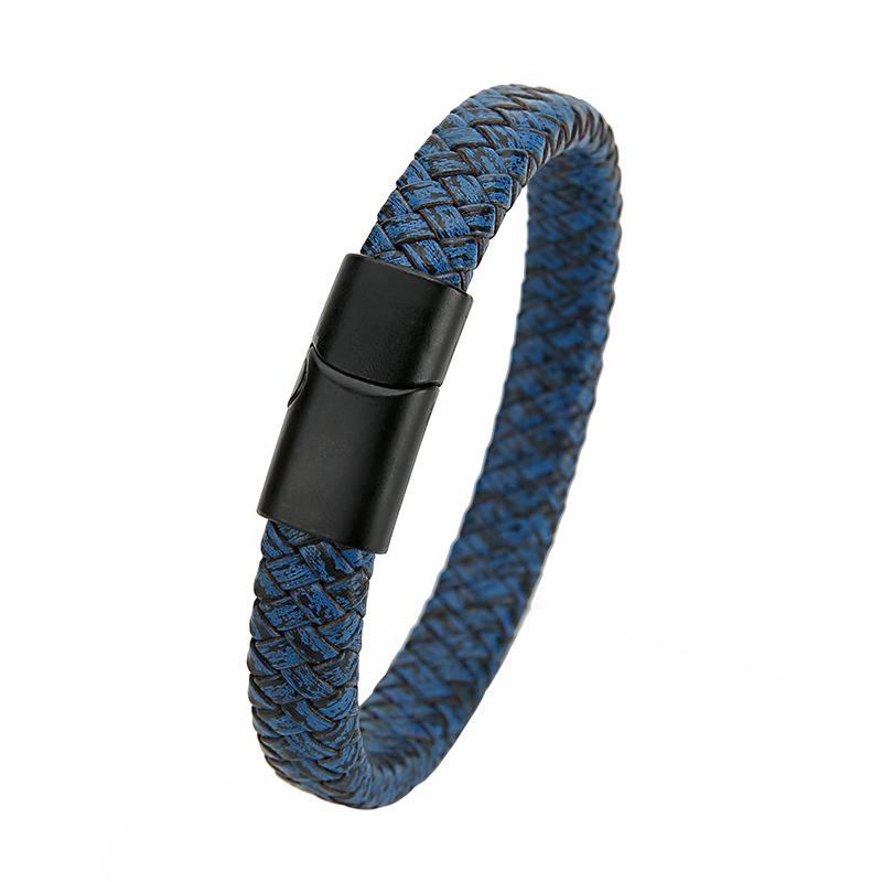 Retro Genuine Leather Men's Woven Cord Bracelet with Magnetic Buckle