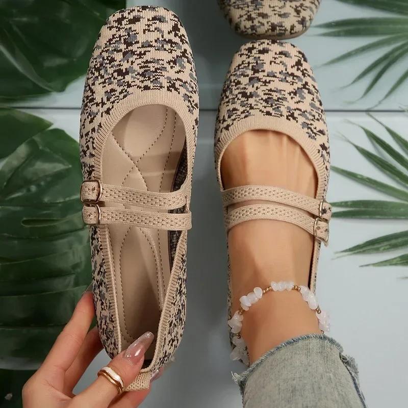 Mote flate kvinners sko med rund tå leopardtrykte sko Uformell Pustende Slip-on Flat Outdoor Dame Mary Jane Sko