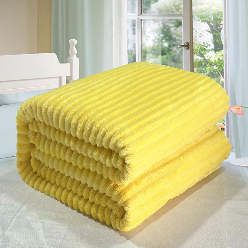 Thickened Flannel Striped Velvet Blanket, Plain Color Coral Fleece