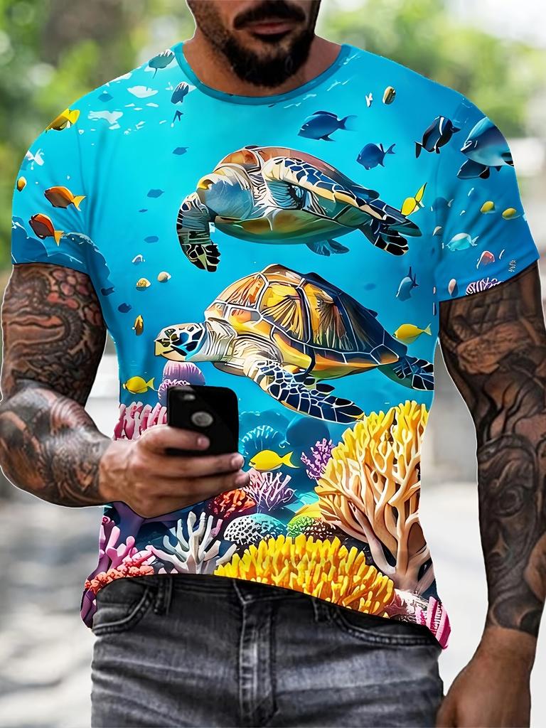 Men'S Quick-Dry Breathable Fiber T-Shirt, Digital Ocean Theme Full-Length Print Design - Vibrant Coral Reef And Sea Turtle Patterns. This Breathable