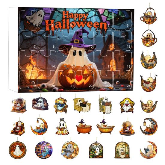 2025 Halloween 2D Ghost Reading Ornament Countdown Set 24 Days Advent Calendar Stained Glass Window Hanging Suncatchers for Home Decor