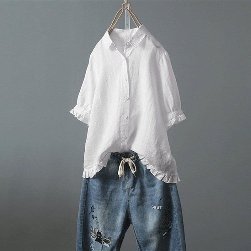 2025wish Cotton Linen Casual Ruffle Short Sleeve Women's Shirt