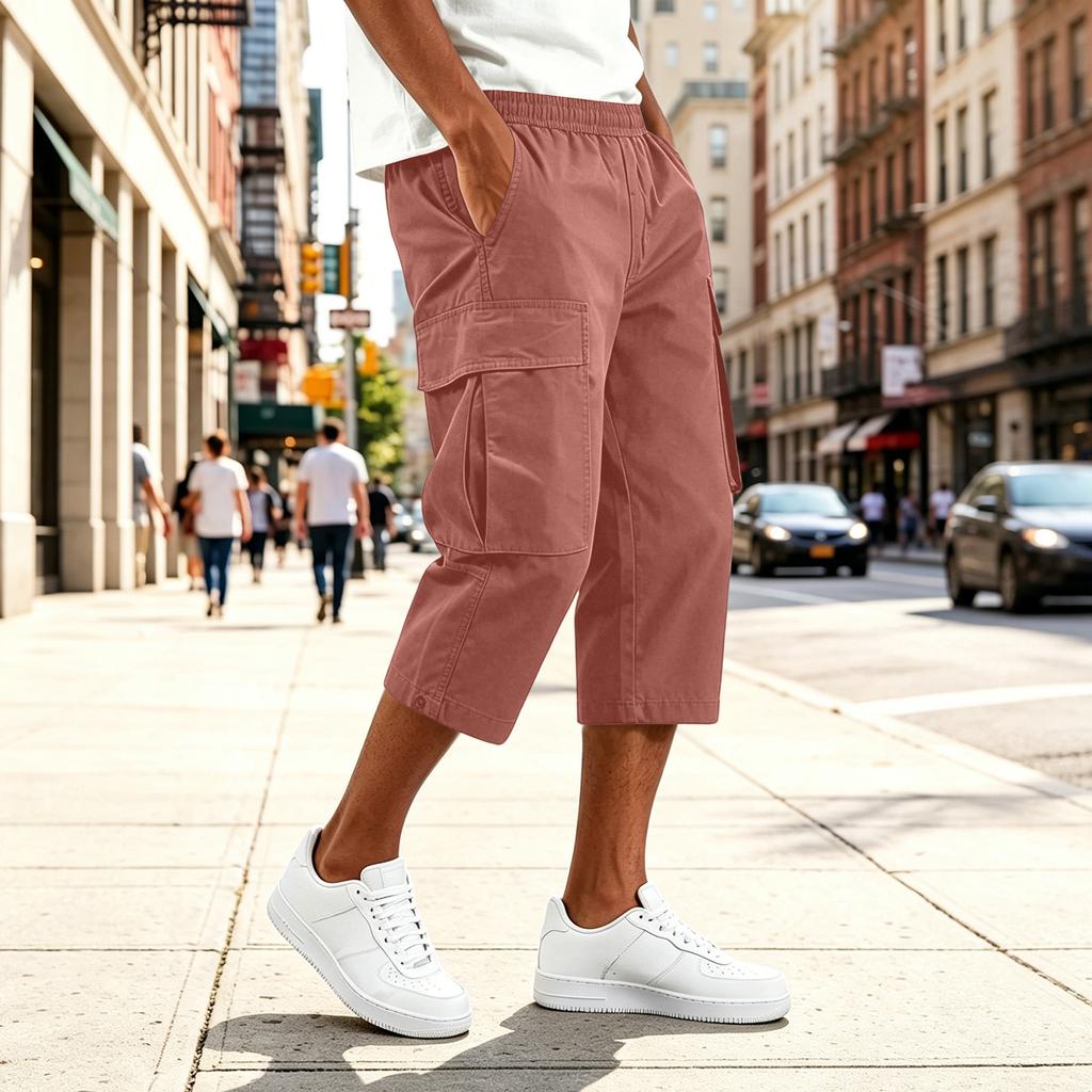 Men Drawstring Waist Multi Pocket Casual Capri Pants Loose Fit Knee Length Cargo Trousers for Outdoor Daily Wear