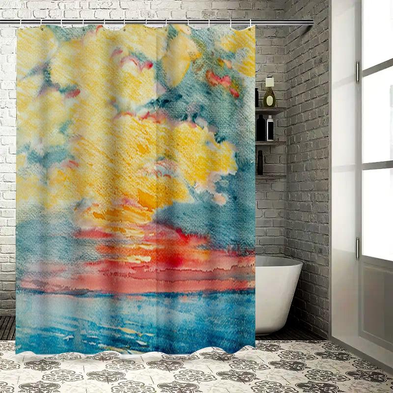 

Watercolor Sunburst Shower Curtain Vivid Blue Red Yellow Design for Bathroom Decor 90x180cm