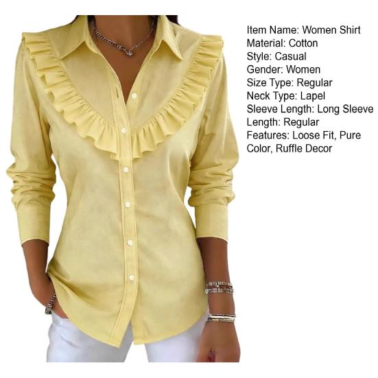 Women Shirt Lapel Long Sleeve Ruffle Decor Shirt Tops Pure Color Loose Fit Buttons Placket Casual Shirt Work Party Vacation Wear