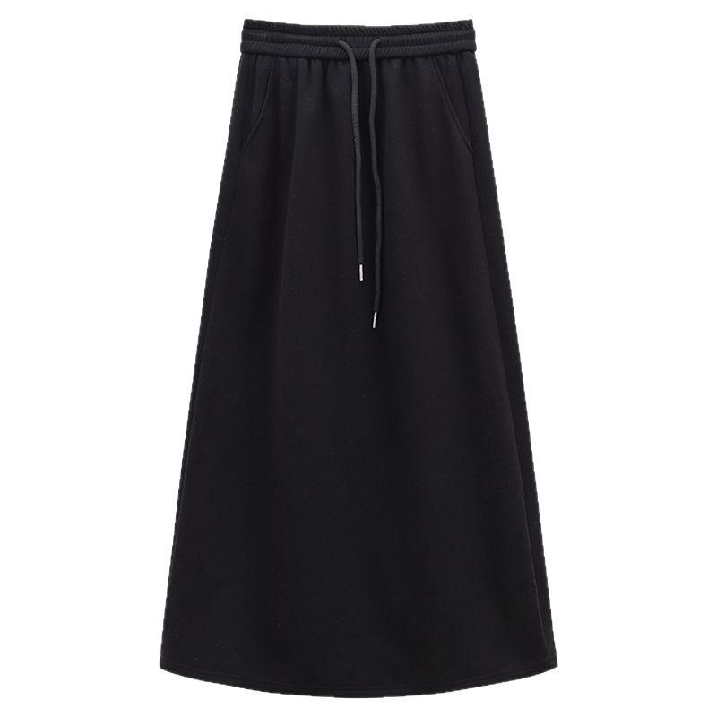Korean Fluffy High Waist A-Line Skirt: Autumn/Winter Women's Casual Fashion with Drawstring Elastic Waist and Slit