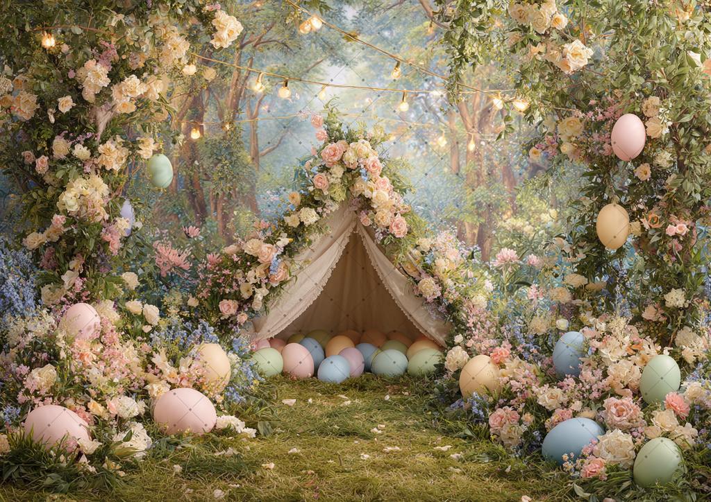 Spring Easter Photography Background Boho Tent Colorful Eggs Flower Baby Shower Birthday Party Decor Kid Portrait Photo Backdrop