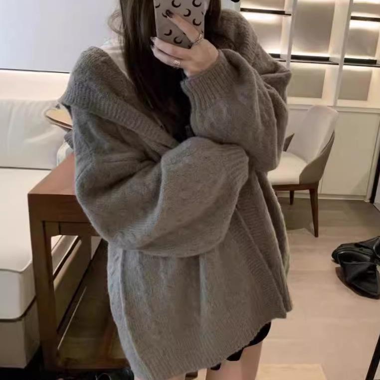 2024 Autumn-Winter Cozy Loose Lantern Sleeve Hooded Cardigan for Women