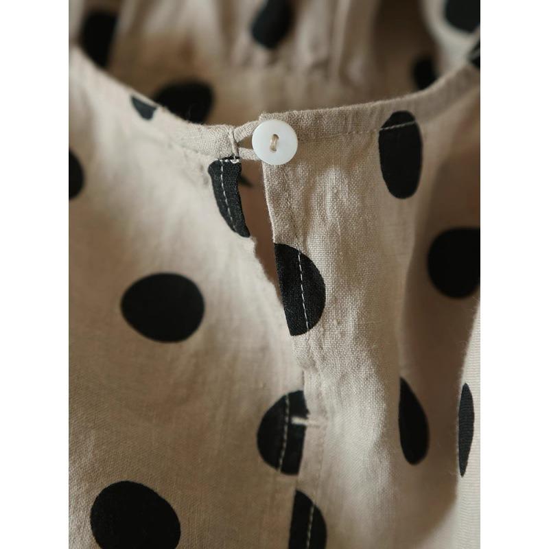 Summer New Literary Loose Cotton and Linen Polka Dot Round Neck Five-quarter Sleeve Dress Women's Medium and Long