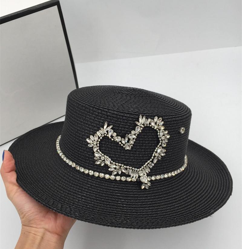 Summer Designer Heart Shape Rhinestones Chain Shiny Paper Grass Lady Fedoras Cap Women Panama Jazz Hat