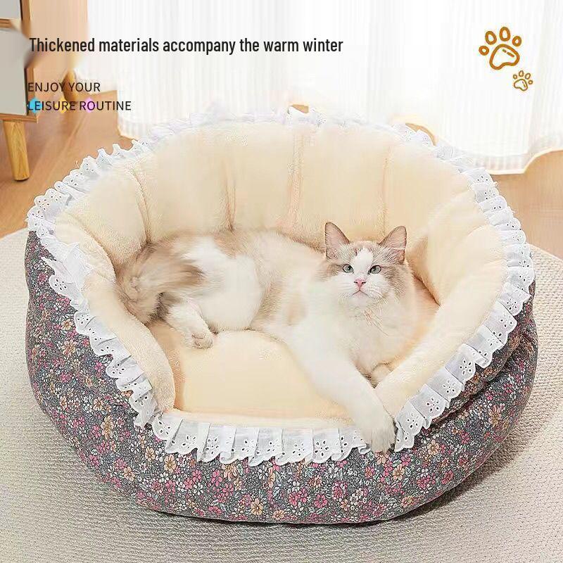 Winter Floral Design Detachable & Easy-Clean PP Cotton Pet Bed for Cats & Dogs