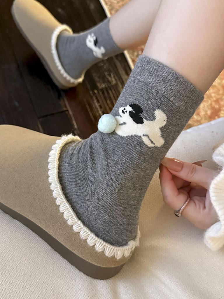 Socks, Medium Tube, Spring And Autumn Hairballs, Cartoon Dog Boneless Socks, Sweat-Absorbing, Breathable, Simple And Versatile, Cute Cotton Socks
