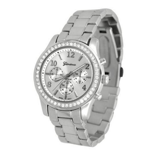 Geneva Rhinestone Ladies Watch with Steel Band and Decorative Three-Eye Design