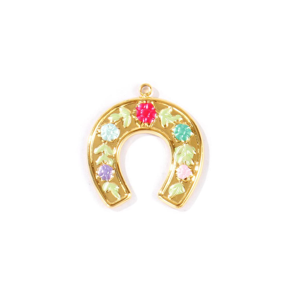 2pcs Stainless Steel West Cowboy Charms 18K Gold Plated Multicolor Enamel Luck Horseshoe Flower Pendants DIY Necklace Jewelry