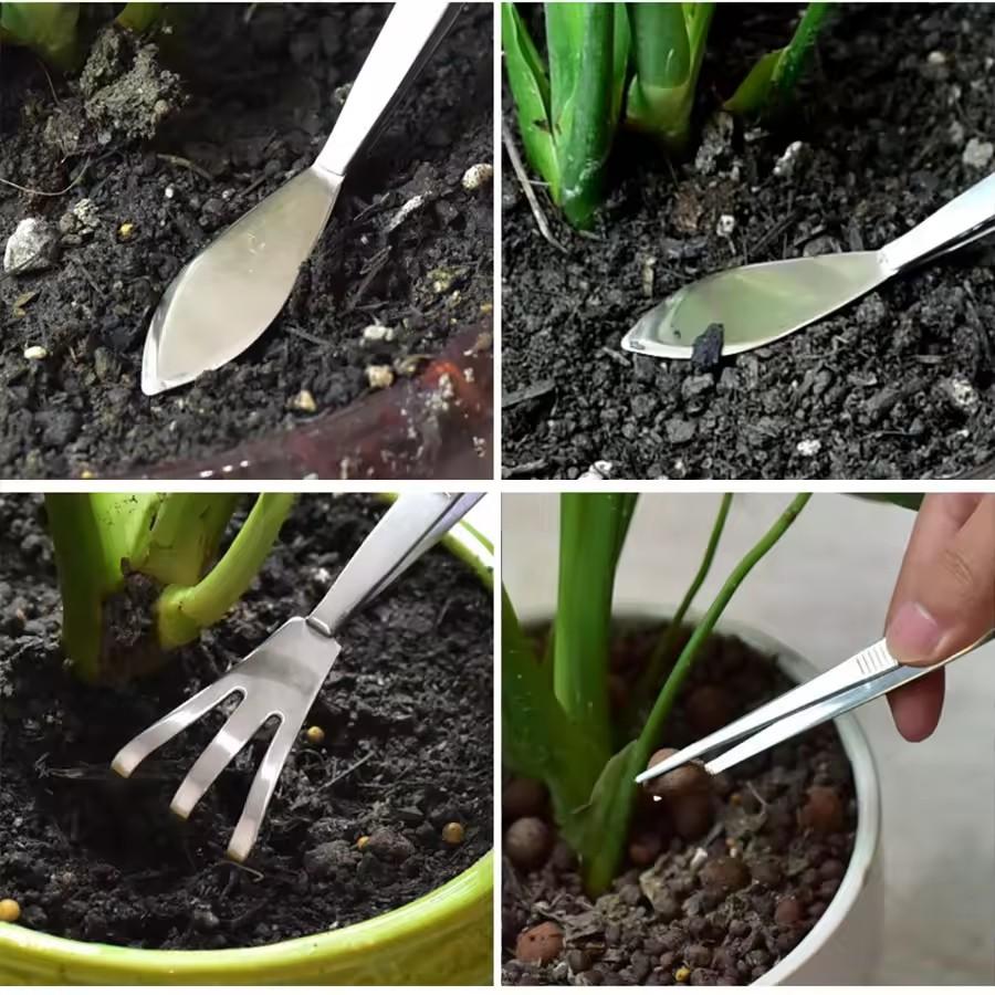 2-in-1  304 Stainless Steel Root Rake with Bonsai Tweezers with Ergonomical Handle Soil Farming Tool for Succulents Crafting