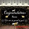 Elegant Graduation Backdrop, Sleek Black and Gold Design with Customizable Name, Graduation Icons and Twinkling Lights, Festive Party Wall Decor
