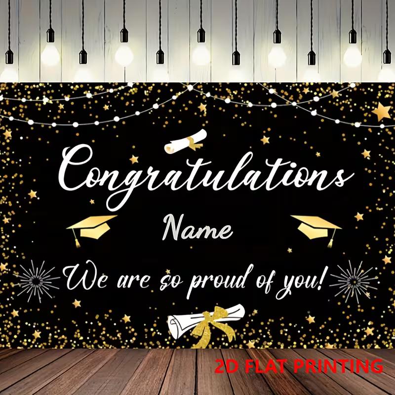 Elegant Graduation Backdrop, Sleek Black and Gold Design with Customizable Name, Graduation Icons and Twinkling Lights, Festive Party Wall Decor