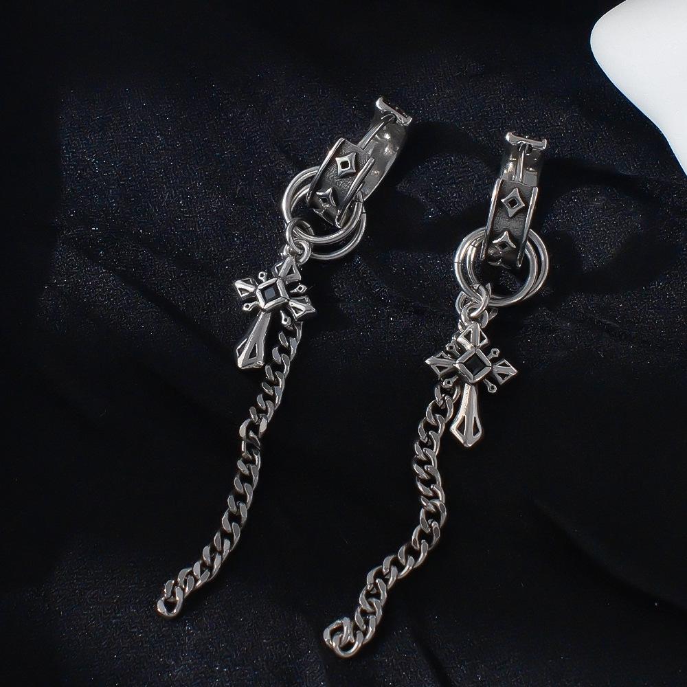 Customized Hip Hop Tassel Cross Chain Ear Cuff Earrings for Women - Retro High-End Punk Style Accessories