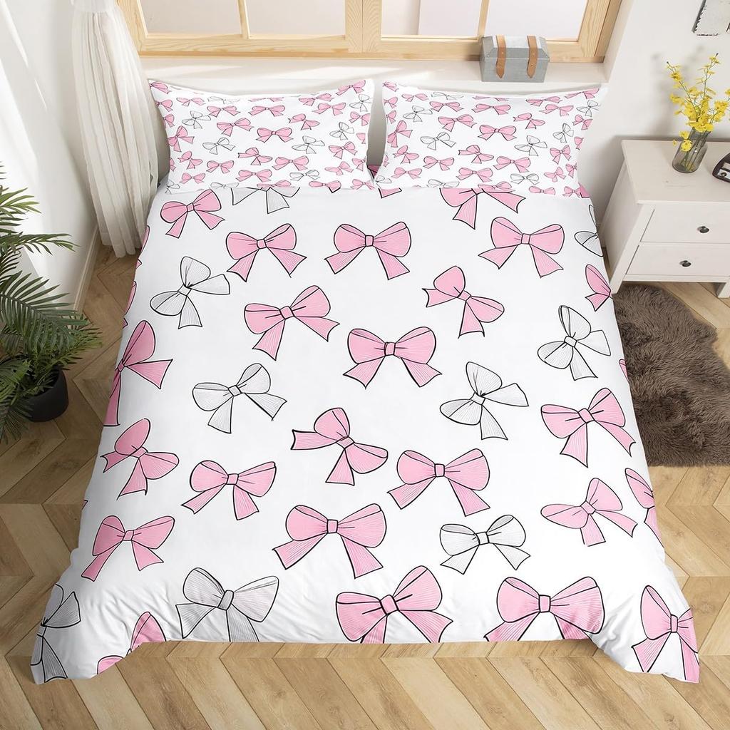 Simple Bow Knot Duvet Cover Twin SizeCartoon Kawaii Bedding SetCute Bows Ribbon Printed Comforter Cover for Girl Women Bedroom