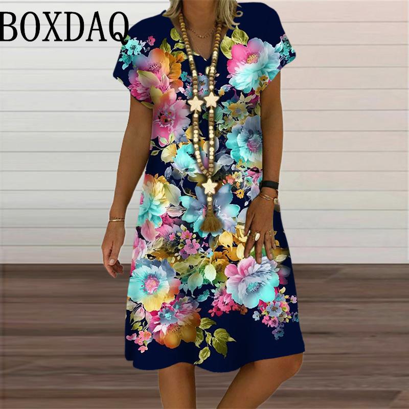 3D Butterfly Pattern Dress For Summer 2024 Women Clothes Oversized Fashion Short Sleeve Flower Print Dress Casual V-Neck Dresses