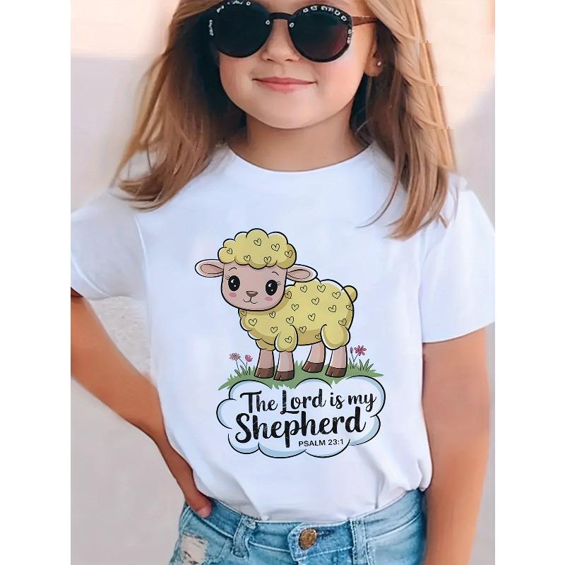 

European sizes The Lord is My Shepherd Bible Verse Kids T-Shirt - Soft Breathable Cotton Loose Fit Tee with Cute Cartoon Sheep 98cm белый