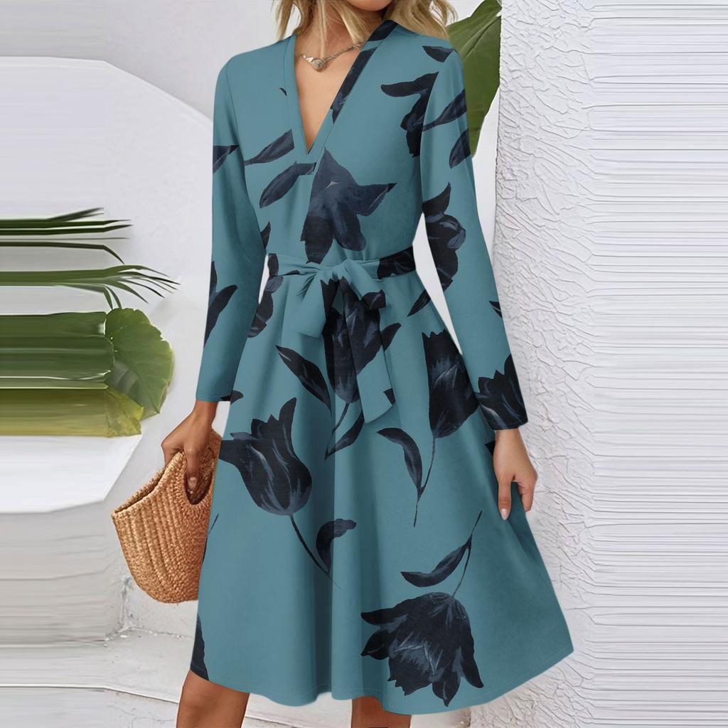 Women's Fashion Casual V-Neck Long Sleeve Waist Floral Print Midi Dress