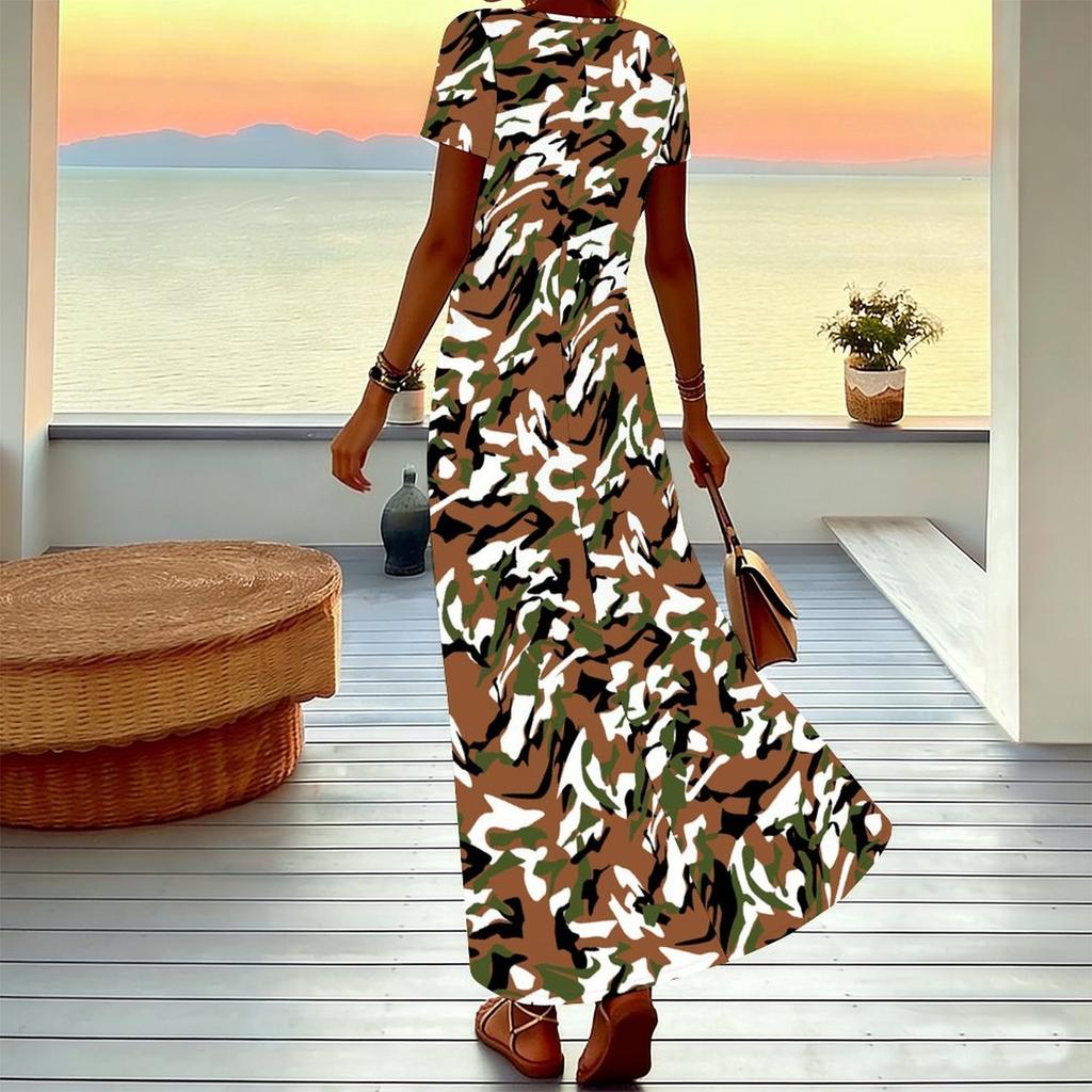 Women Plus Size V Neck Short Sleeve Maxi Dress Army Camouflage Pattern Loose Casual Summer Vacation Long Dress