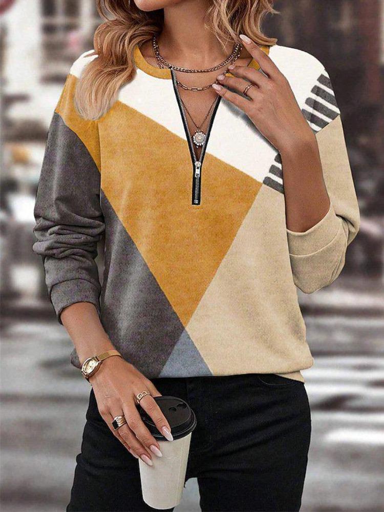 Fashion Women Autumn Winter Collection V Neck Color Block Zipper Sweatshirt