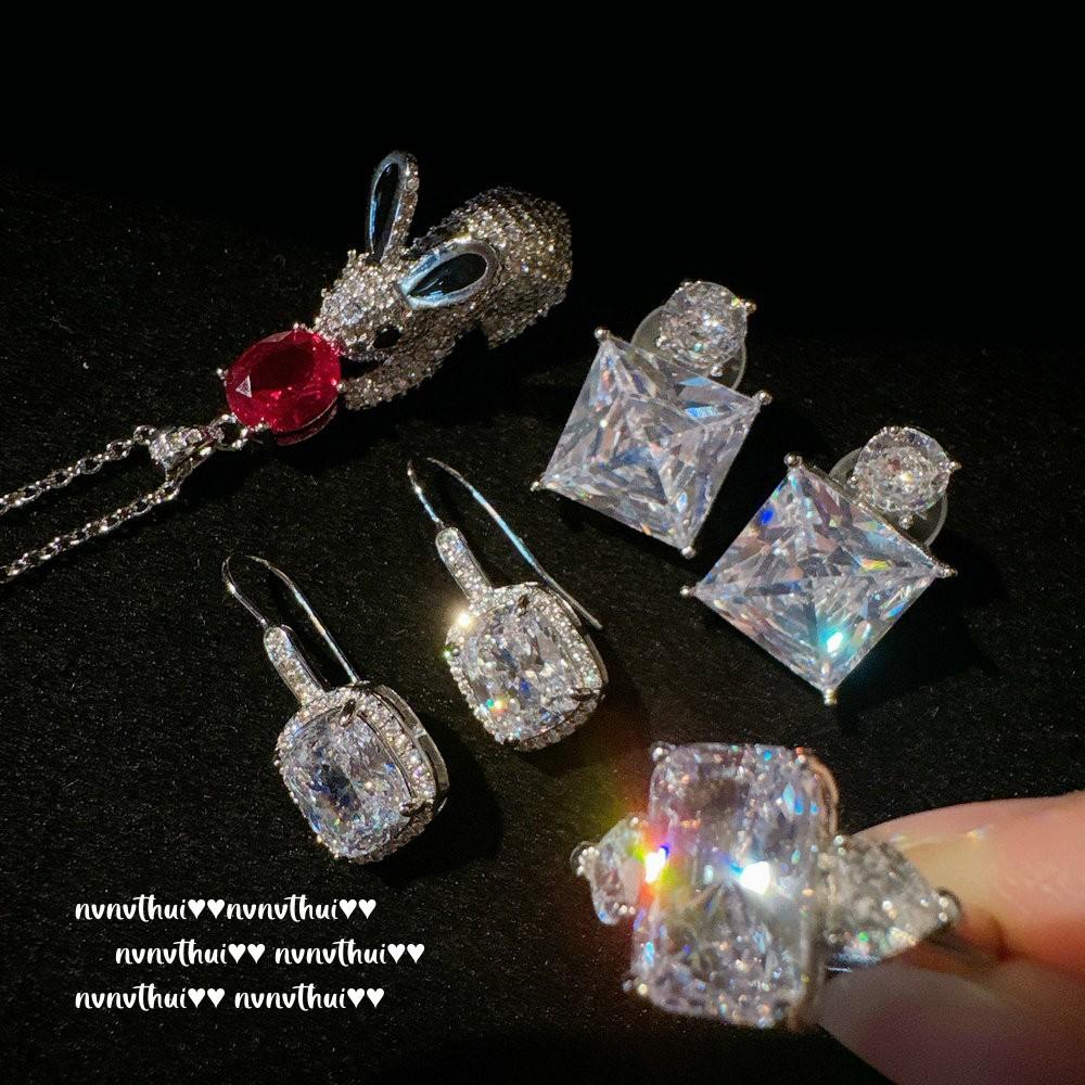 Bright Like The Star River Big Carat Gem Earrings, Rich Family Thousand Gold, Plated With 18K Gold, Sugar Cube Big Zircon Ring Ice Flower Cut