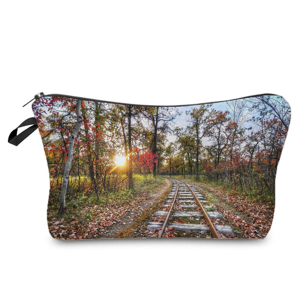 Women Railway Print Cosmetic Bag Toiletries Organize Travel Storage Case 6782