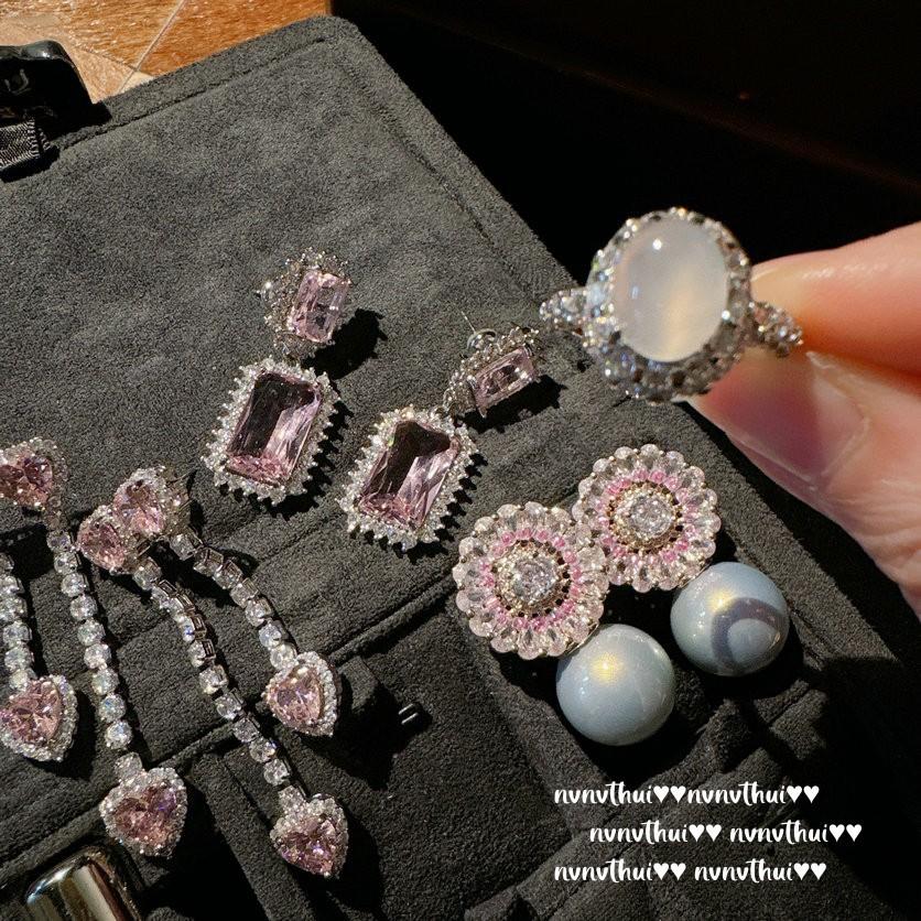 Papalacha Pink Flower Plate Gemstone Pearl Earrings Annual Meeting Lady Plated 18K Gold, Barbie Pink Rectangular Zircon Earrings