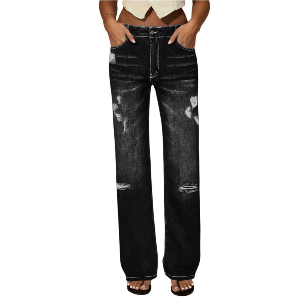 Damen High Waist Straight Loose Spitze Stretch Leichte Mode Jeans