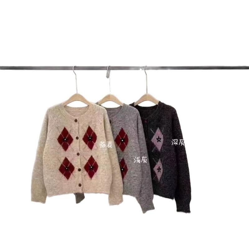 Autumn and Winter New Design Sense Geometric Contrasting Color Rhombus Crew Neck Single-breasted Cardigan Long Camel Hair Knitted Jacket