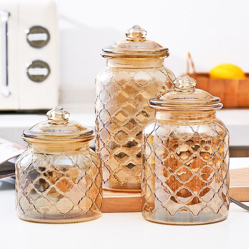 Creative Amber Plaid Striped Glass Jar Sealed Tea Candy Jar Kitchen Food Storage Container Clear Glass Bottle Box Home Decor