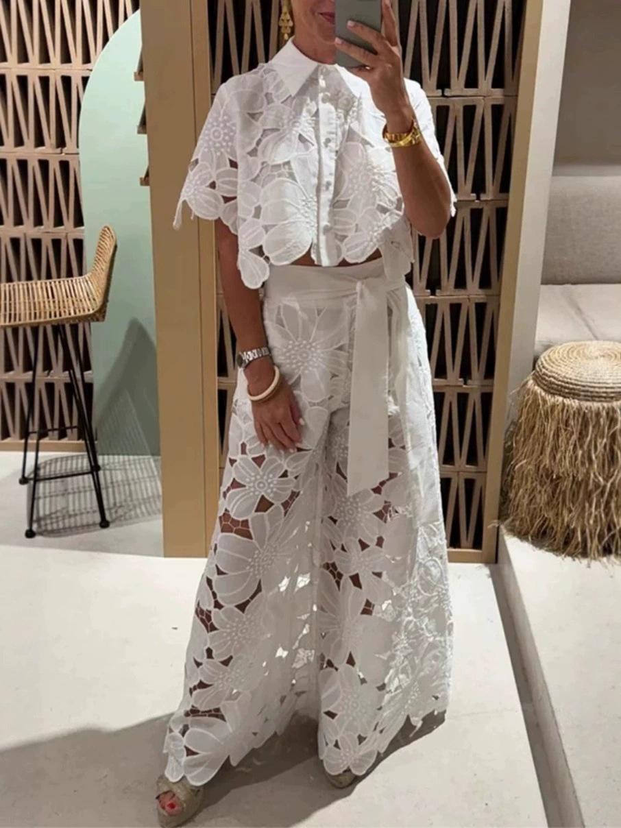 

2025 Літній Елегантний Мереживний Ажурний Комплект Сорочки та Довгих Штанів Double Extra Large (XXL) білий