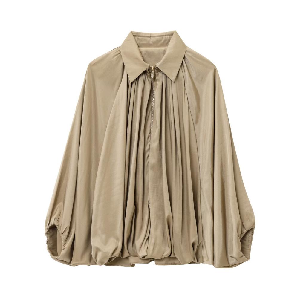 Women's Jacket Oversized Streetwear Casual Sleeve Lapel Collar Zip Front Pleated Shirts