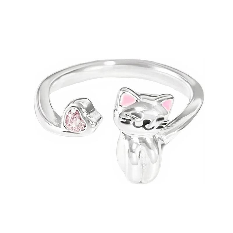 [Pink Meow Ring] Kitten Cat Claw Cartoon Cute Opening Ring Pink Zircon Stacked Wearing Girlfriend Ring Woman
